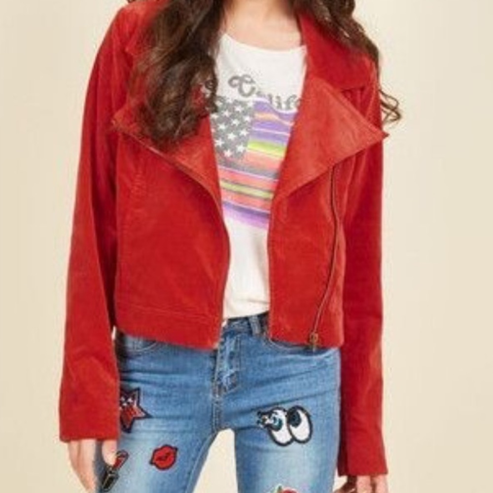 MODCLOTH | Red Orange Corduroy Moto Asymmetrical Zip Collar Jacket
